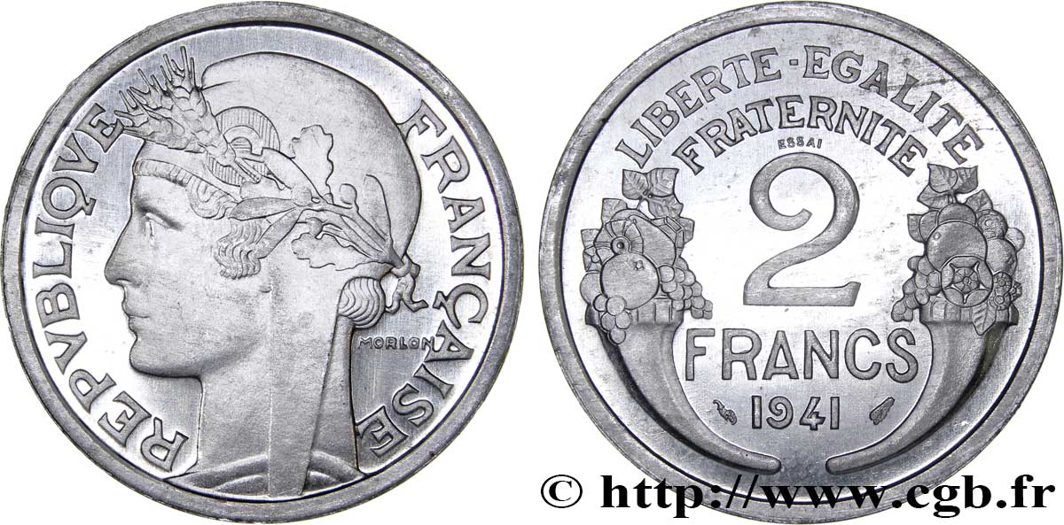 Essai de 2 francs Morlon, aluminium, poids très lourd 1941 Paris GEM.114 5 var. MS64 