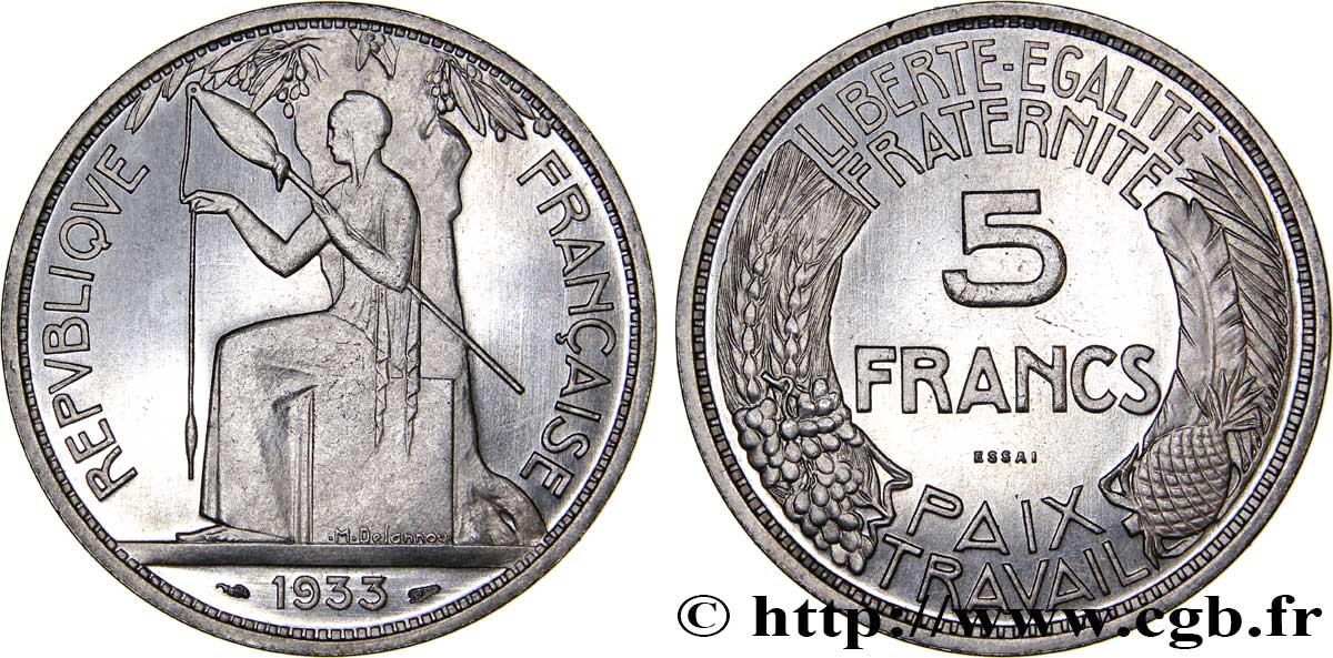 Concours de 5 francs, essai de Delannoy 1933 Paris GEM.136 1 MS64 