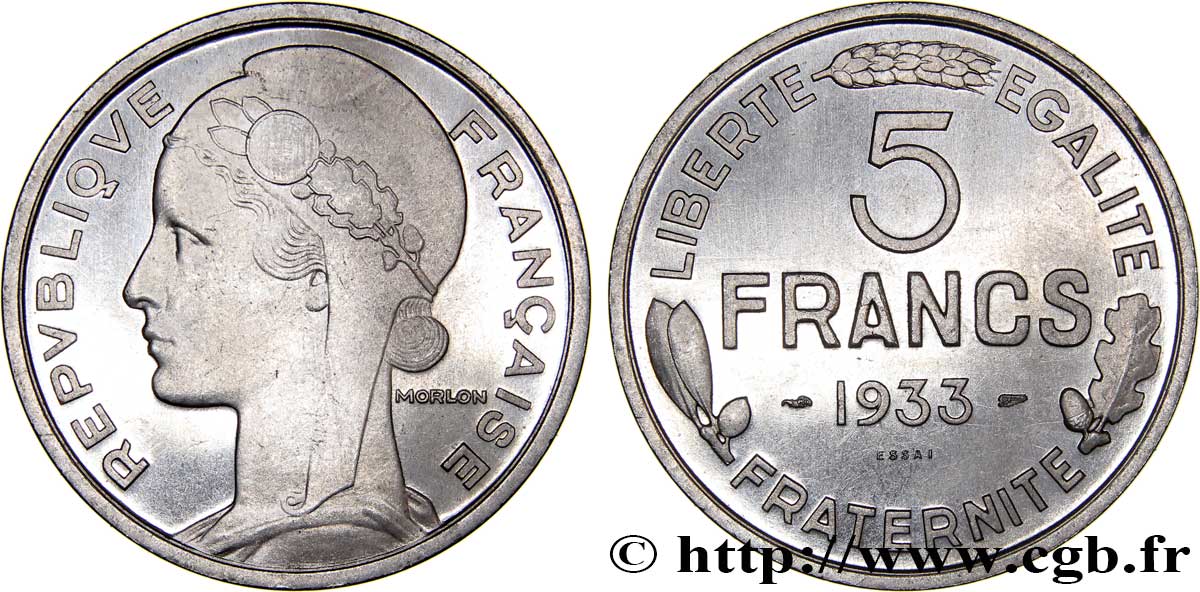 Concours de 5 francs, essai de Morlon en nickel 1933 Paris GEM.138 1 SUP60 
