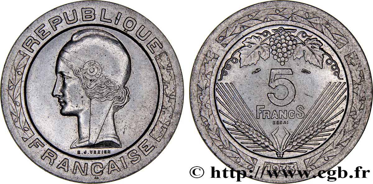 Concours de 5 francs, essai de Vézien, en nickel 1933 Paris GEM.139 1 MS62 