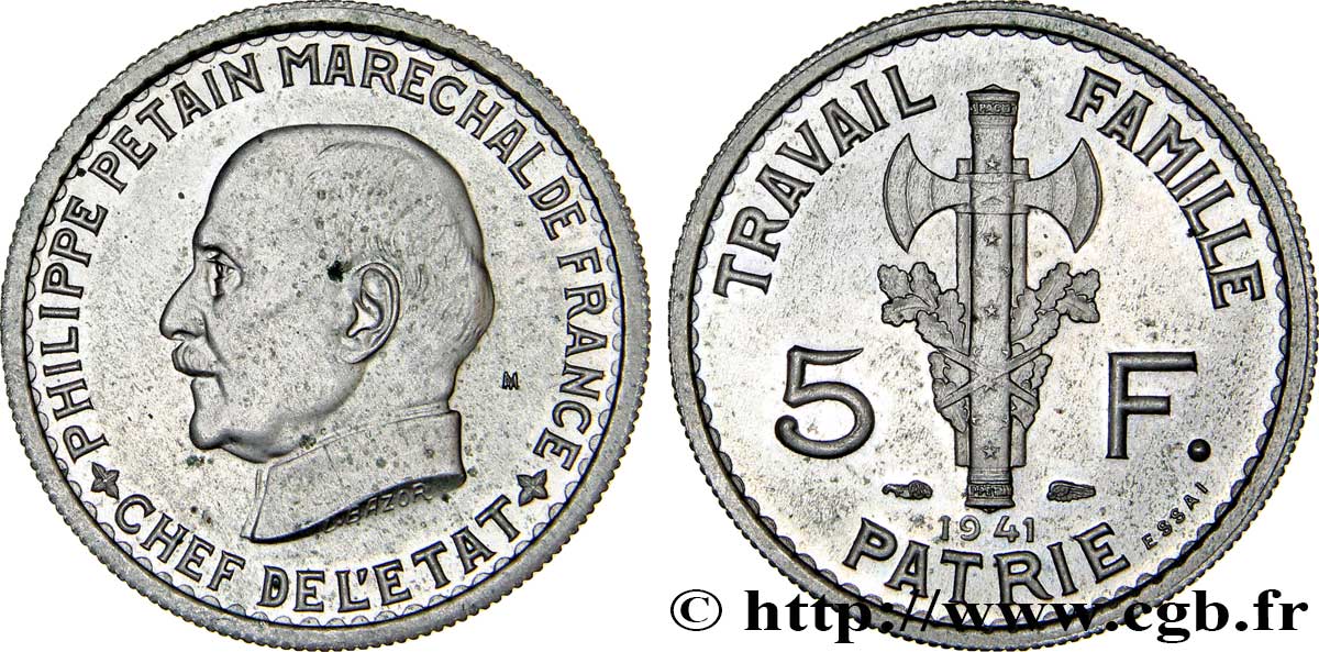 Essai de 5 francs Pétain en maillechort, 2e projet de Bazor 1941 Paris GEM.142 37 fST63 