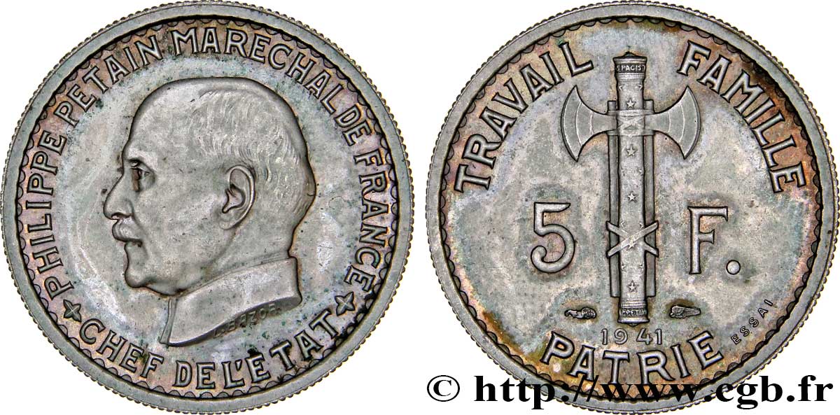 Essai de 5 francs Pétain en cupro-nickel, 3e projet de Bazor, petit 5 1941 Paris GEM.142 53 SPL63 