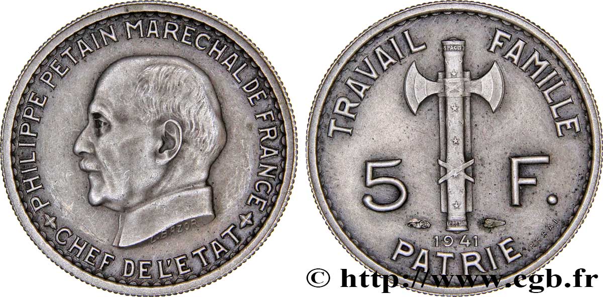 Essai de 5 francs Pétain 1941 Paris F.338/1 var. SUP60 