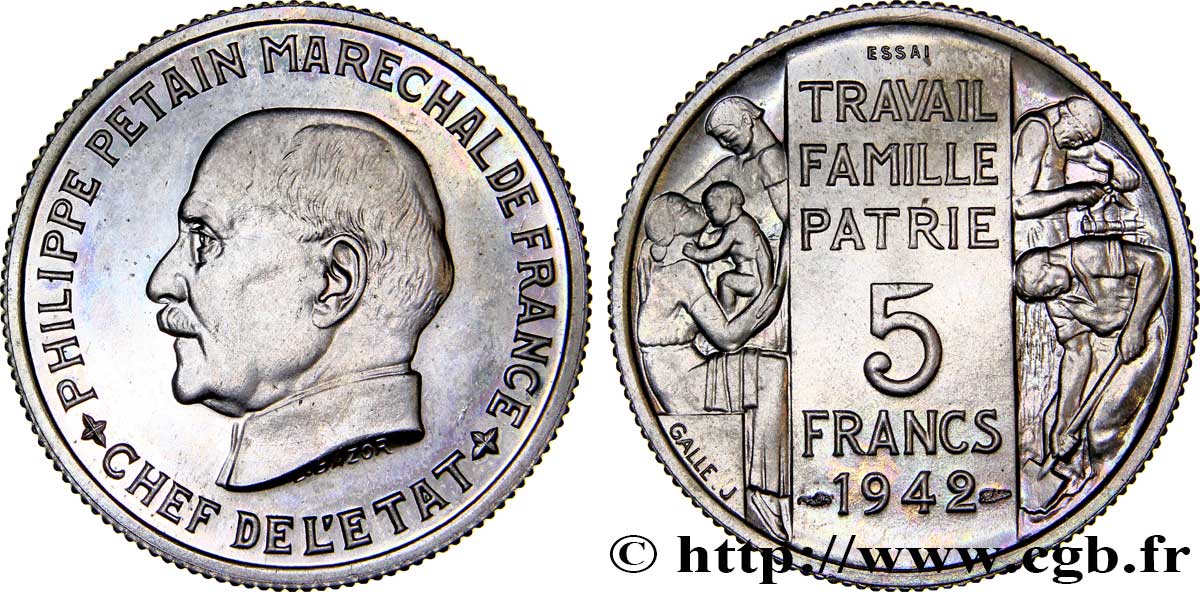 Essai grand module de 5 francs Pétain en bronze-nickel par Bazor et Galle 1942 Paris GEM.143 2 SPL63 
