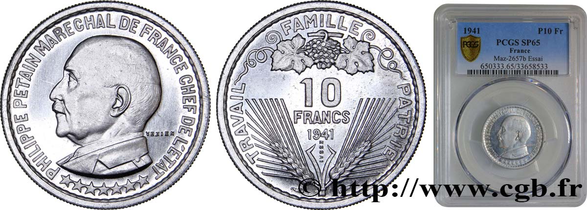 Essai de 10 francs Pétain en aluminium par Vézien, poids lourd (3 g) 1941 Paris GEM.178 3 MS65 PCGS