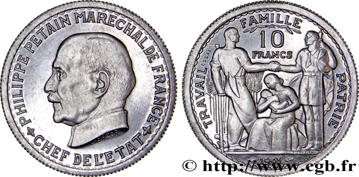 Essai de 10 francs Pétain en aluminium par Bazor/Vézien 1943 Paris GEM.179 1 FDC65 