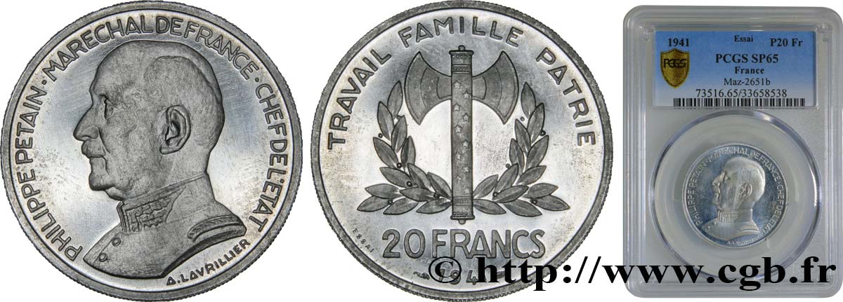 Essai de 20 francs Pétain en aluminium par Lavrillier 1941 Paris GEM.203 1 FDC65 PCGS