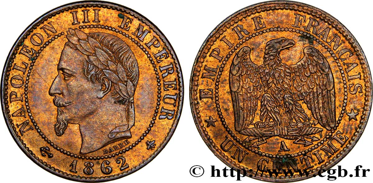 Un centime Napoléon III, tête laurée 1862 Paris F.103/4 SUP58