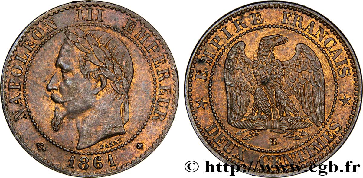 Deux centimes Napoléon III, tête laurée 1861 Strasbourg F.108/2 SUP58