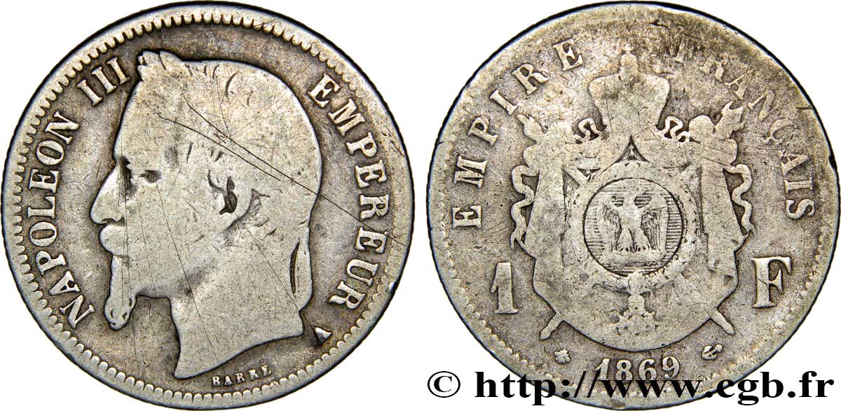 1 franc Napoléon III, tête laurée 1869 Paris F.215/14 B12