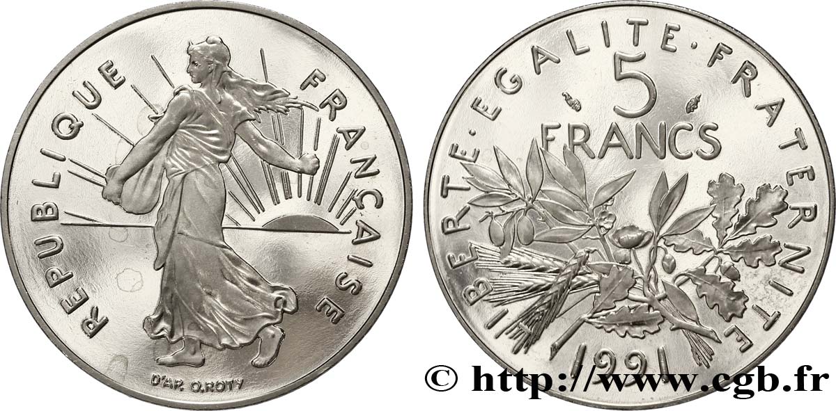5 francs Semeuse, nickel, BE (Belle Épreuve) 1991 Pessac F.341/23 var. MS63 