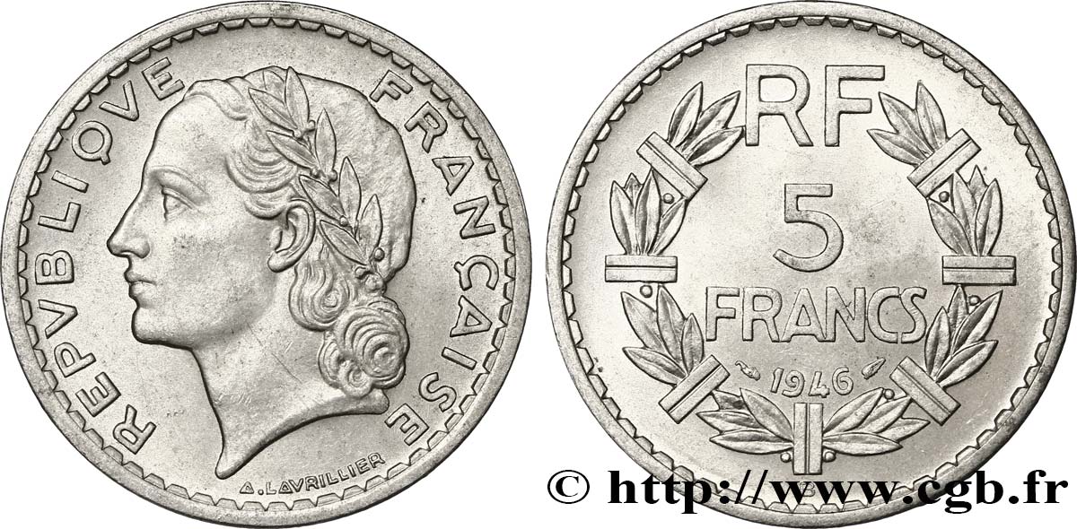 5 francs Lavrillier, aluminium 1946 Beaumont-Le-Roger F.339/7 EBC55 