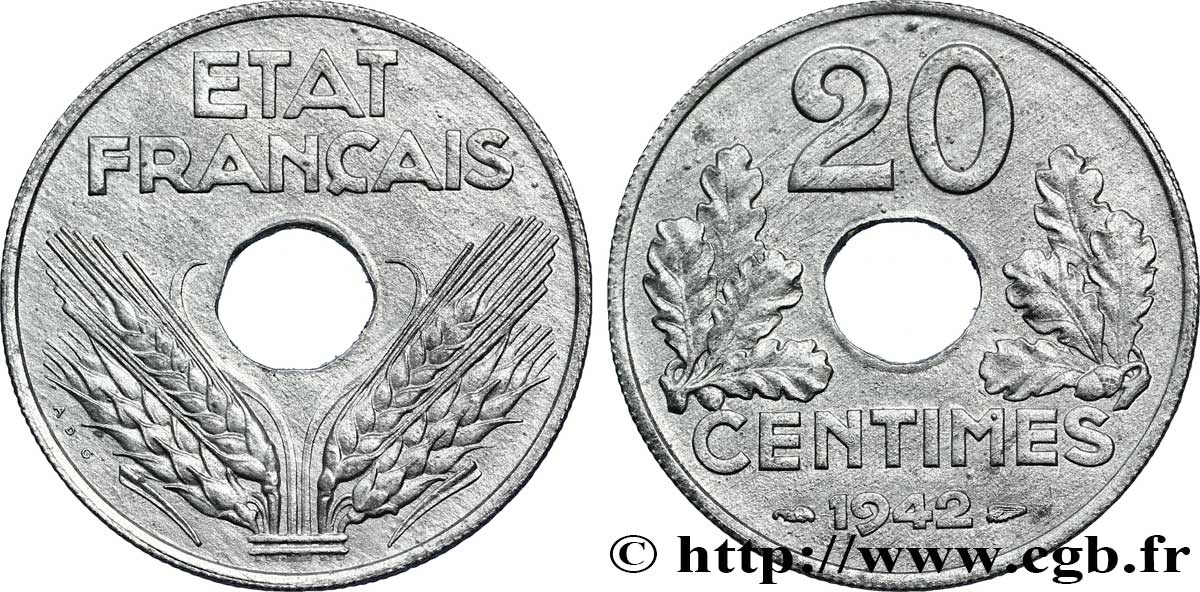 20 centimes État français 1942  F.153/4 MS60 
