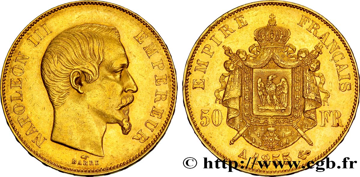 50 francs or Napoléon III, tête nue 1855 Paris F.547/1 AU50 