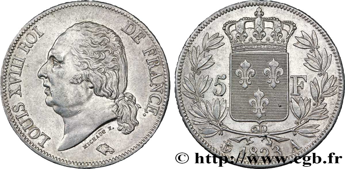 5 francs Louis XVIII, tête nue 1823 Paris F.309/76 MBC52 