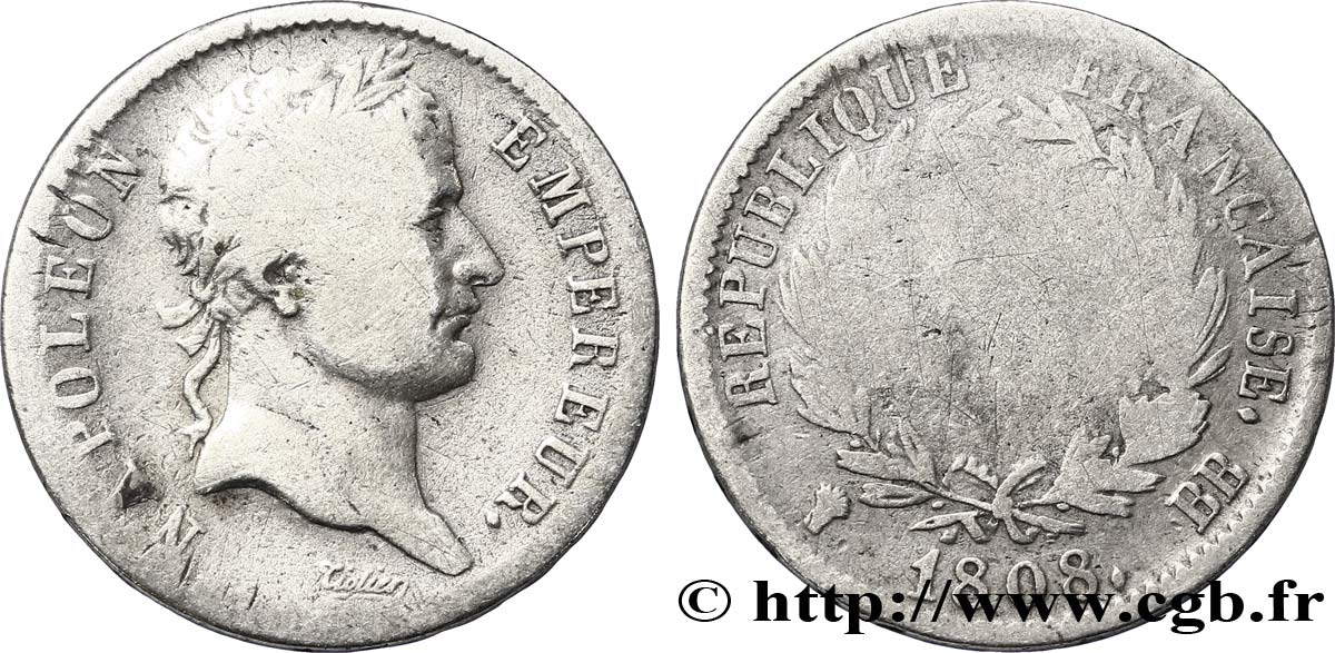1 franc Napoléon Ier tête laurée, République française 1808 Strasbourg F.204/4 SGE6 