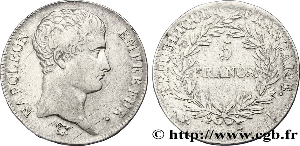 5 francs Napoléon Empereur, Calendrier grégorien 1807 Limoges F.304/16 XF45 