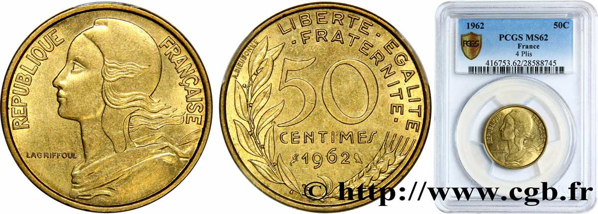 50 centimes Marianne, col à 4 plis 1962 Paris F.197/3 VZ62 PCGS