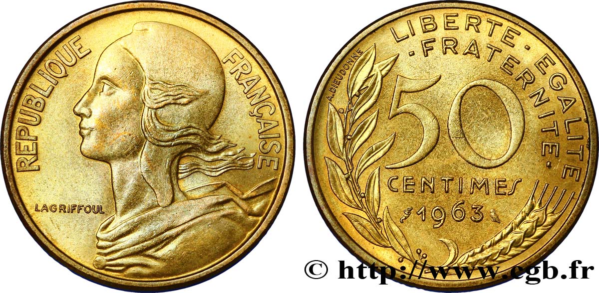 50 centimes Marianne, col à 4 plis 1963 Paris F.197/5 MS63
