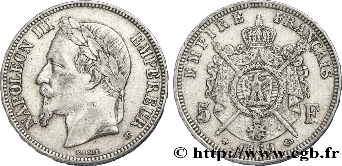 5 francs Napoléon III, tête laurée 1869 Strasbourg F.331/15 TTB45 