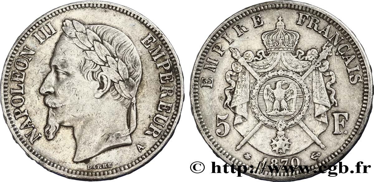 5 francs Napoléon III, tête laurée 1870 Paris F.331/16 MBC40 