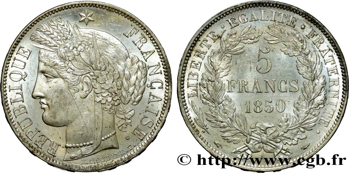 5 francs Cérès, IIe République 1850 Paris F.327/4 SPL62 