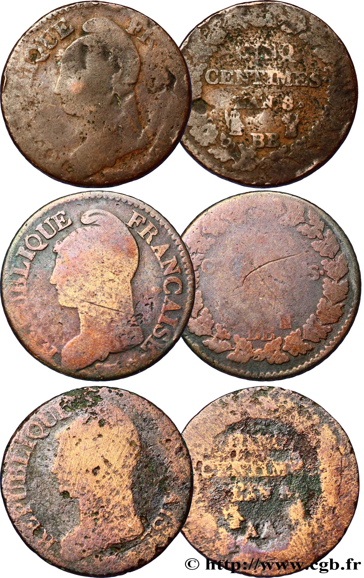 Lot de trois pièces de Cinq centimes Dupré, grand module (F.115) n.d. n.l. F.115/- RC 