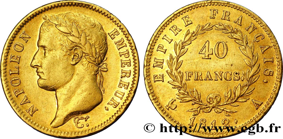 40 francs or Napoléon tête laurée, Empire français 1812 Paris F.541/9 AU55 