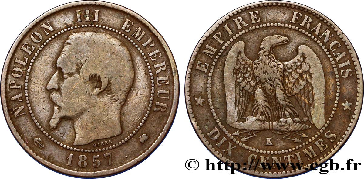Dix centimes Napoléon III, tête nue 1857 Bordeaux F.133/44 TB20 