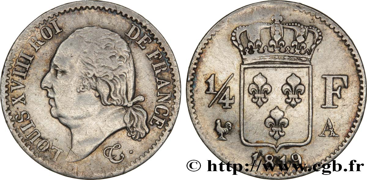 1/4 franc Louis XVIII 1819 Paris F.163/15 TB30