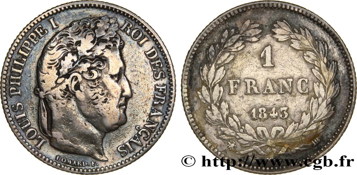 1 franc Louis-Philippe, couronne de chêne 1843 Strasbourg F.210/92 TB30