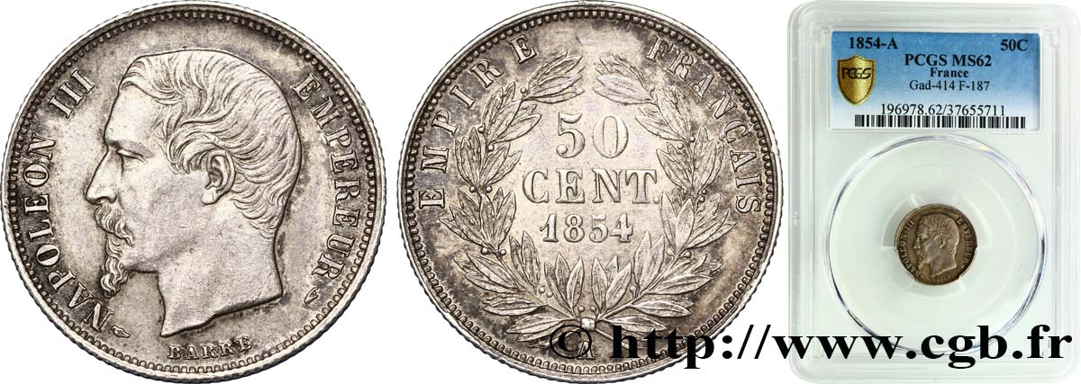 50 centimes Napoléon III, tête nue 1854 Paris F.187/2 MS62 PCGS