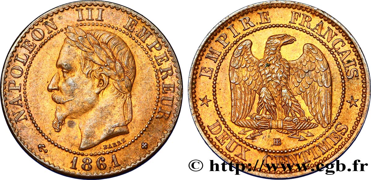 Deux centimes Napoléon III, tête laurée 1861 Strasbourg F.108/2 SUP60