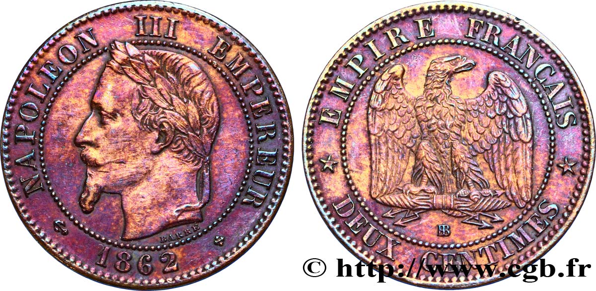 Deux centimes Napoléon III, tête laurée 1862 Strasbourg F.108A/5 TTB40 