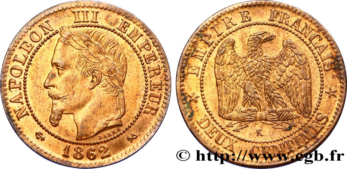 Deux centimes Napoléon III, tête laurée 1862 Bordeaux F.108A/7 SPL63