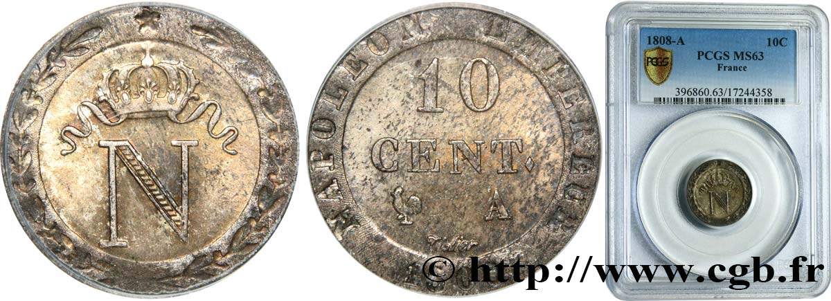 10 cent. à l N couronnée 1808 Paris F.130/2 MS63 PCGS