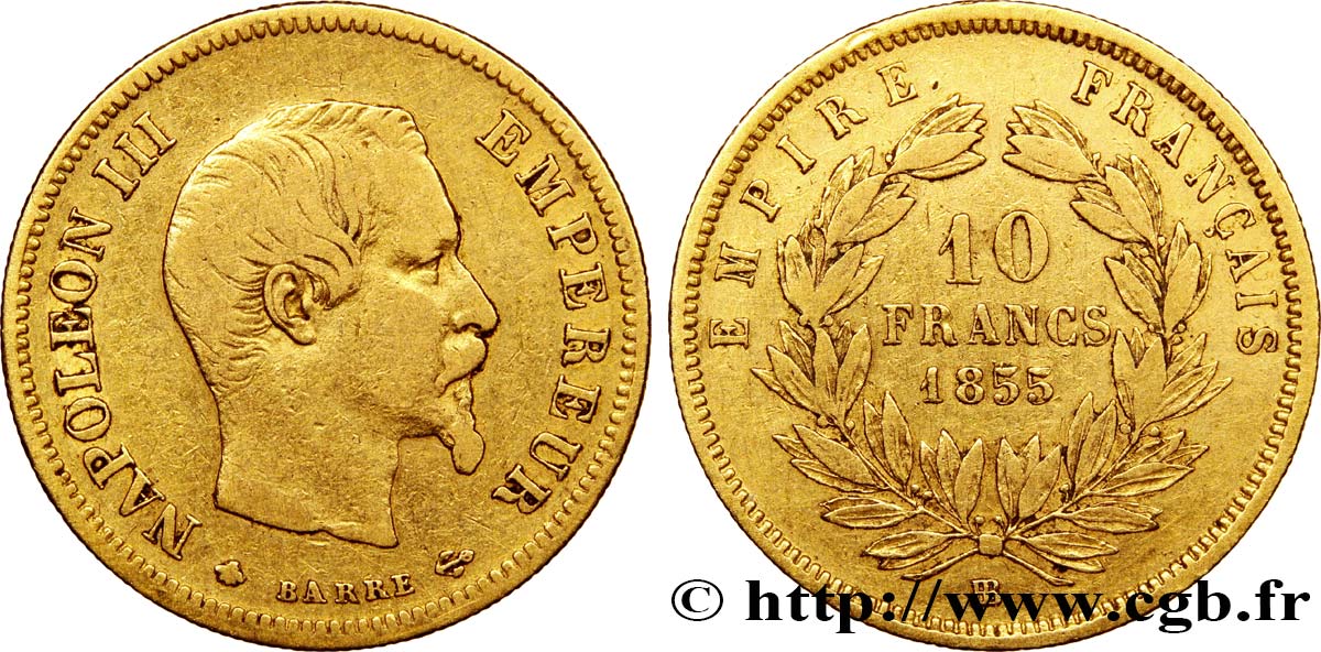 10 francs or Napoléon III, tête nue 1855 Strasbourg F.506/2 TB30 