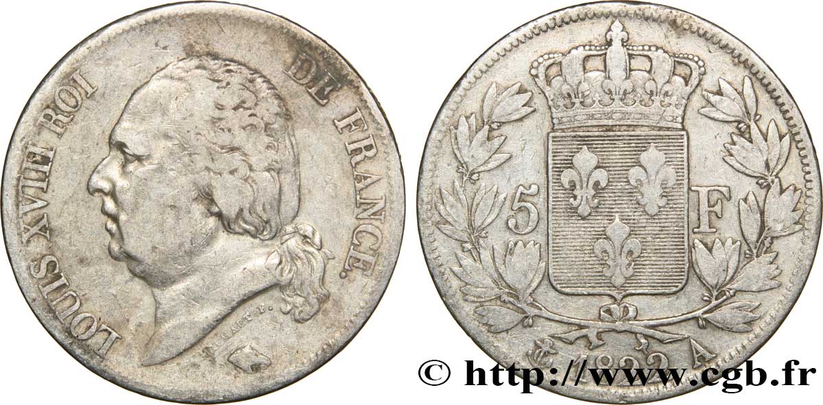 5 francs Louis XVIII, tête nue 1822 Paris F.309/68 TB18