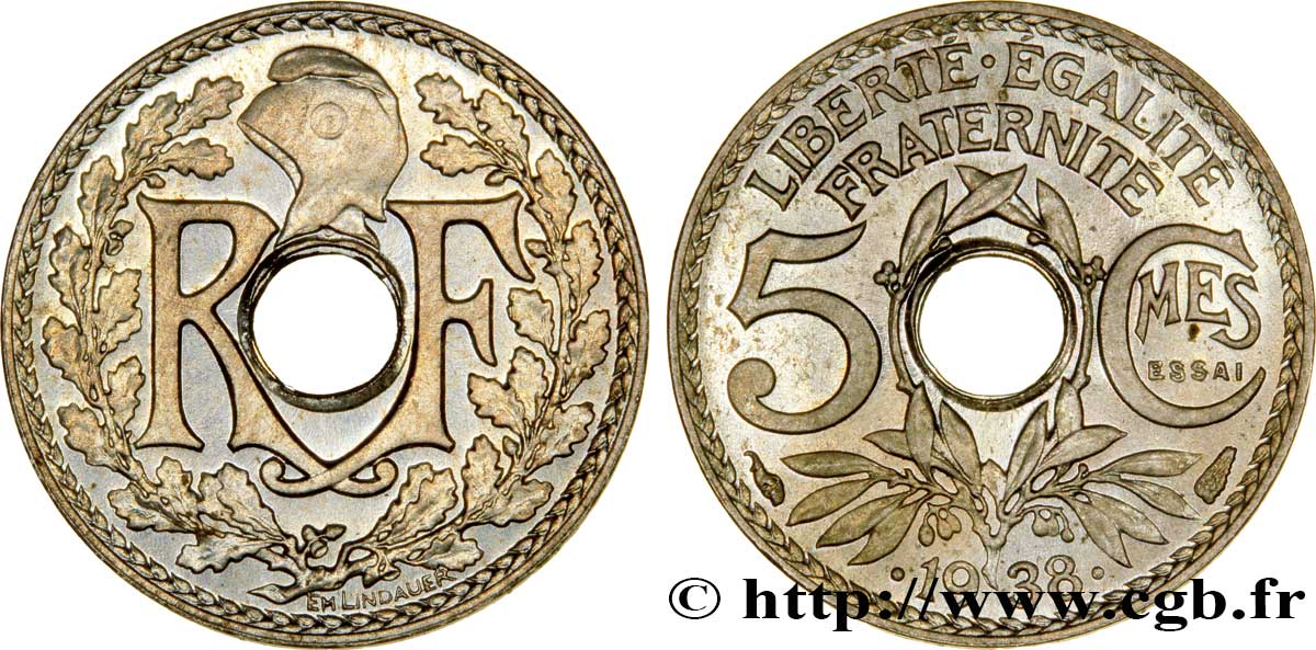 Essai de 5 centimes Lindauer maillechort, ESSAI en relief 1938 Paris F.123A/1 SPL64 