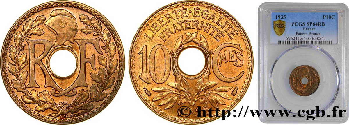 10 centimes Lindauer en bronze, essai de flan pour le 1/2 cent de l’Indochine française ? 1935  F.138/22 var. SC64 PCGS
