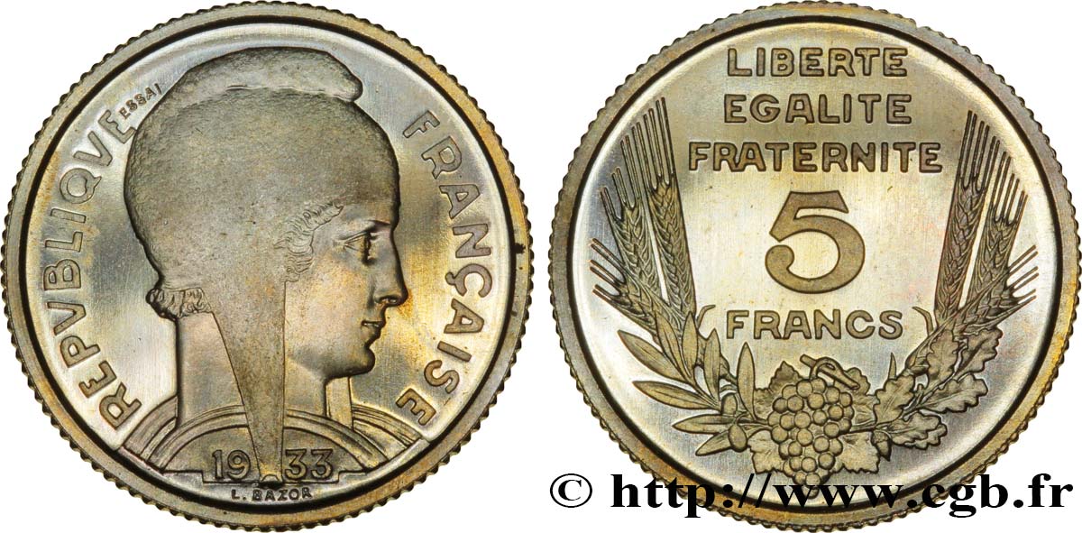 Concours de 5 francs, essai de Bazor en cupro-nickel non magnétique, poids léger 1933 Paris F.335/1 var. FDC65 