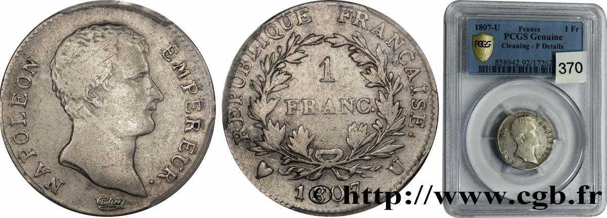 1 franc Napoléon Empereur, Calendrier grégorien 1807 Turin F.202/18 VF PCGS