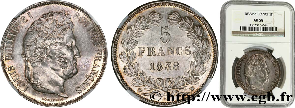 5 francs IIe type Domard 1838 Marseille F.324/73 EBC58 NGC