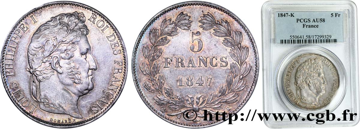 5 francs IIIe type Domard 1847 Bordeaux F.325/16 AU58 PCGS