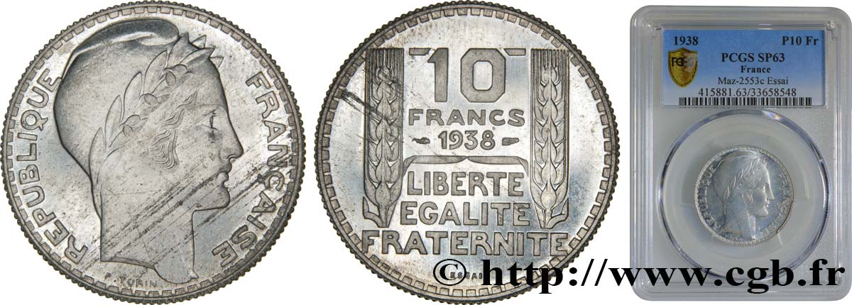 Préparation de la 10 francs Pétain, type Turin, essai en aluminium, tranche striée, lourd 1938 Paris GEM.173 4 SC63 PCGS