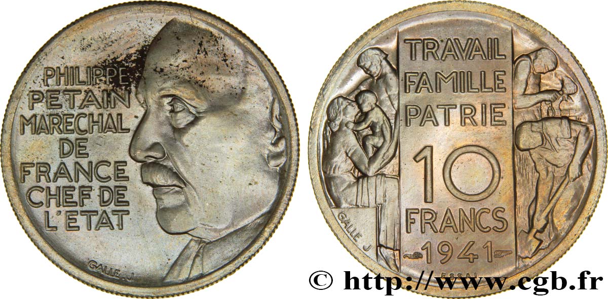 Essai de 10 francs Pétain en bronze-nickel par Galle 1941 Paris GEM.176 2 SPL63 