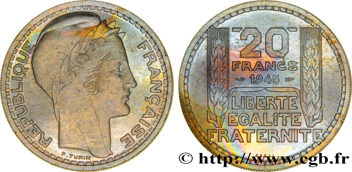 Essai de 20 francs Turin en cupro-nickel 1945 Paris Maz.2745  MS65 