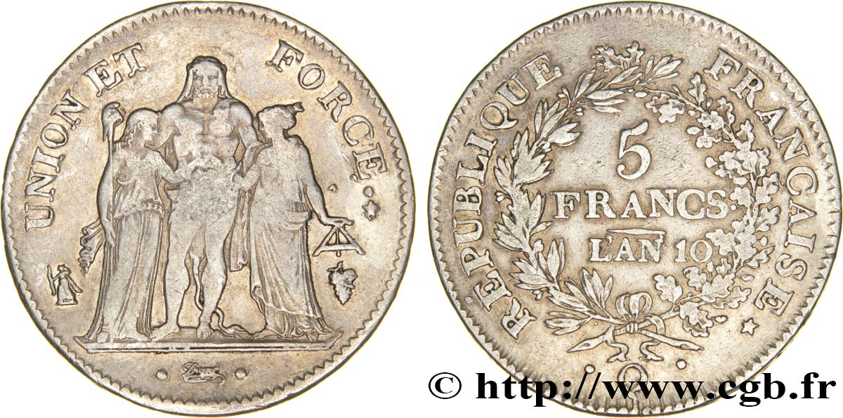 5 francs Union et Force, Union serré, avec glands intérieurs et gland extérieur 1802 Perpignan F.288/184 TTB40 