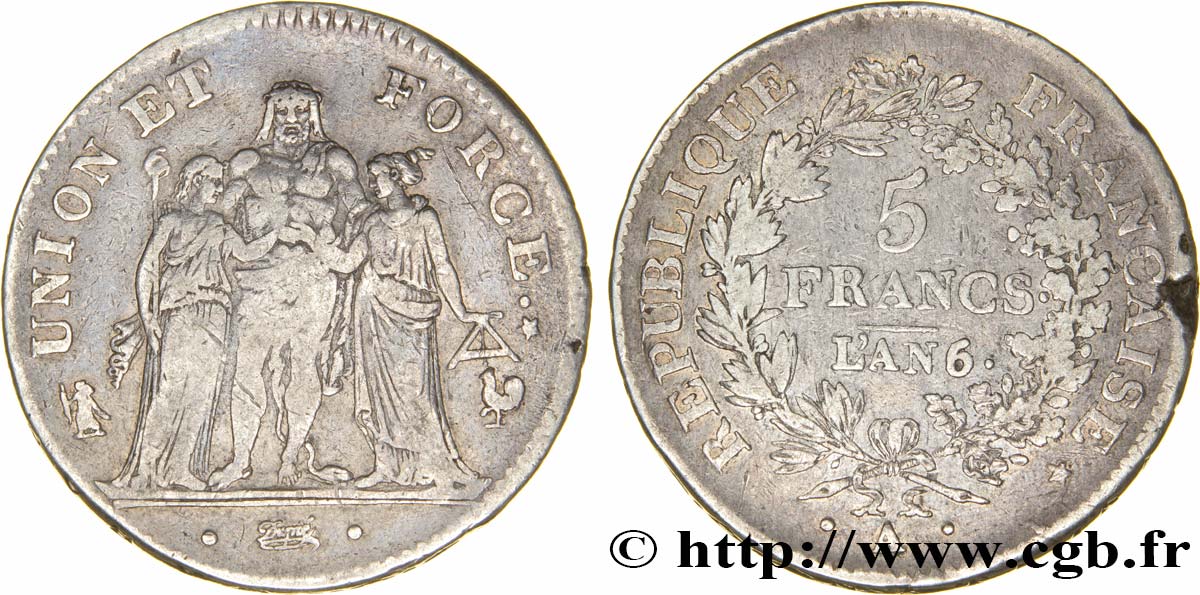 5 francs Union et Force, Union desserré, avec glands intérieurs et gland extérieur 1797 Paris F.291/17 S35 