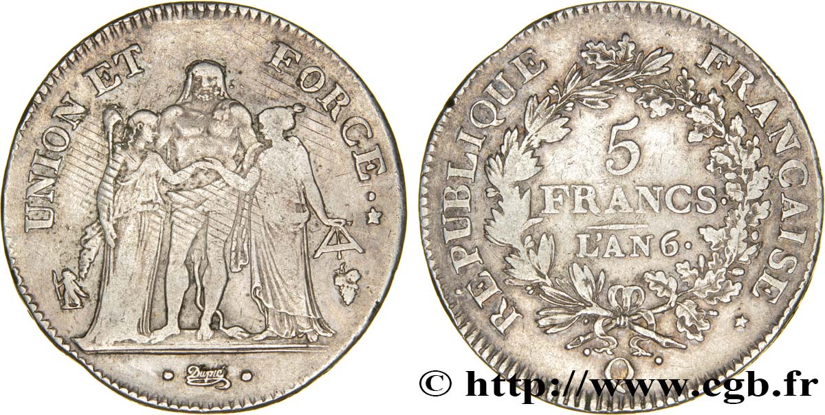 5 francs Union et Force, Union serré, seulement gland extérieur 1798 Perpignan F.288/79 TB35 